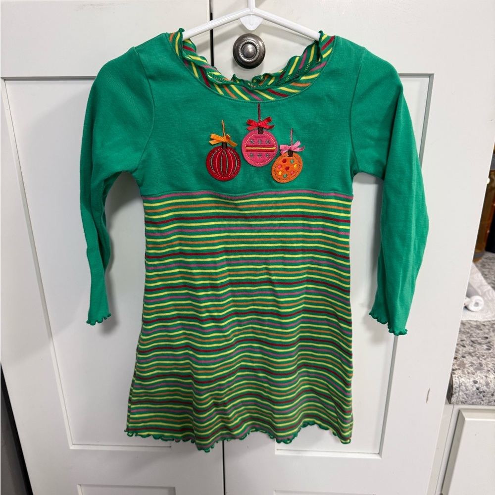 Festive Green Striped Kids Dress with Ornament Accents
